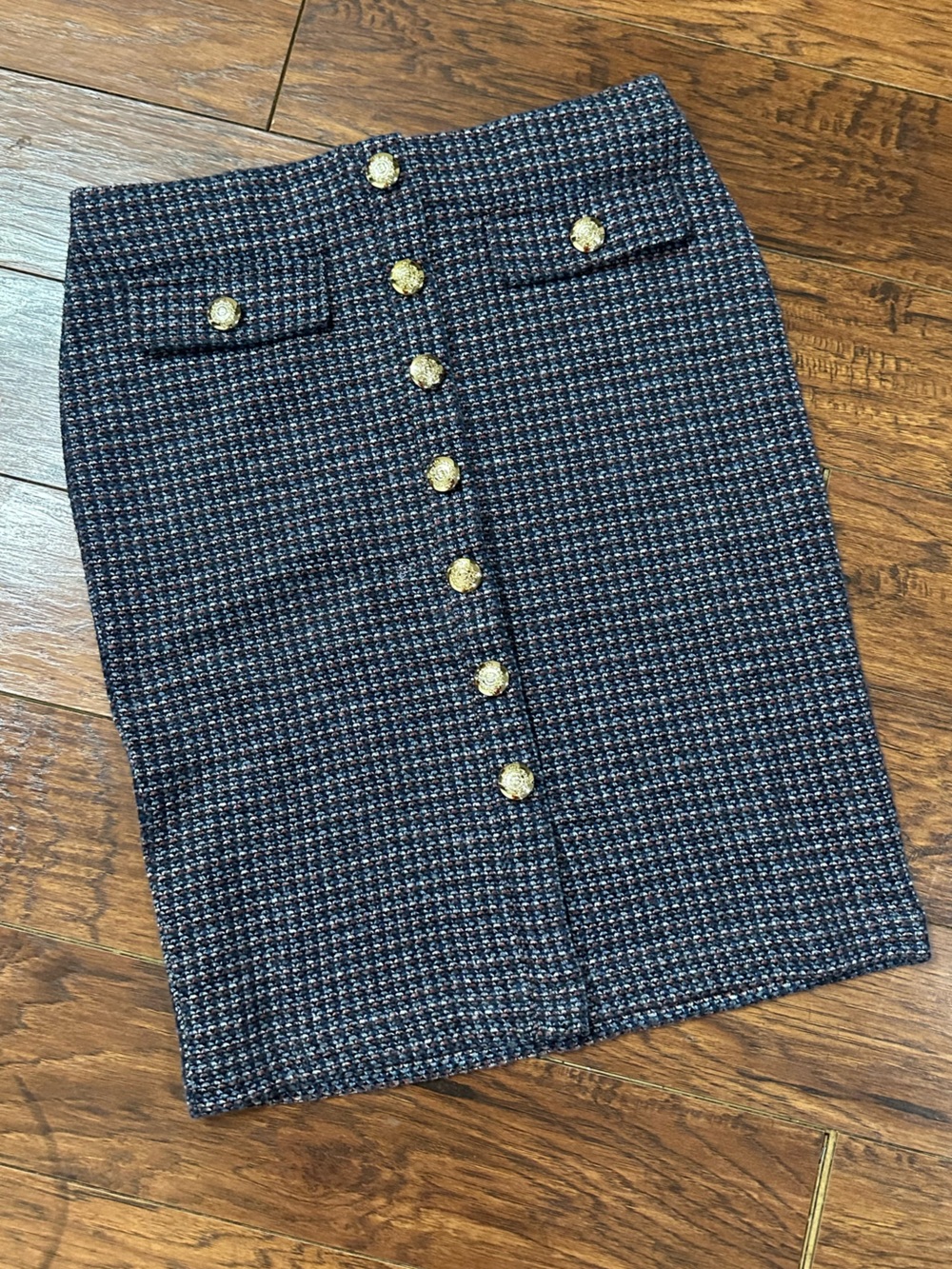 NYCC New York Clothing Co Tweed Mini Skirt Medium Gold Crest Buttons Preppy
